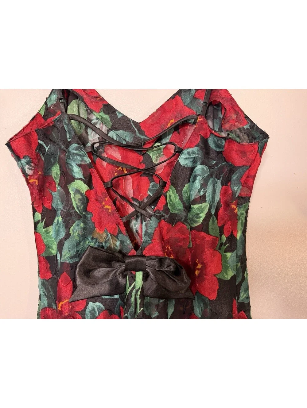 VTG Victoria Secret Floral Slip Dress Lingerie Corset Lace Up Bow Chemise Small